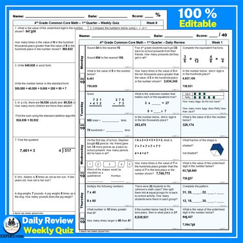 4th Grade Free Printable Common Core Spiral Review