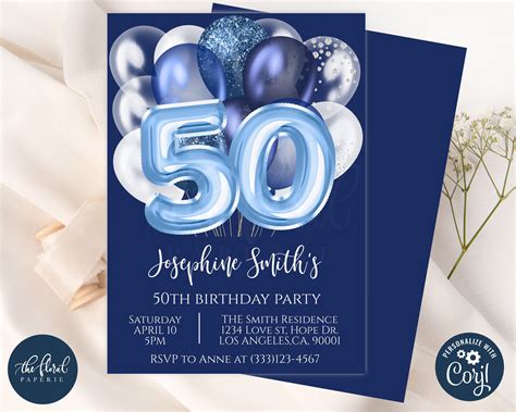 50th Birthday Invitation Blue And Gold Template