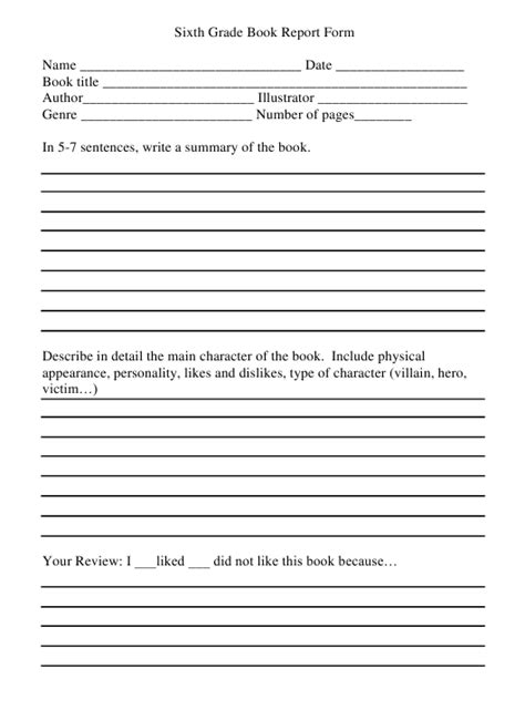 6th Grade Book Report Template