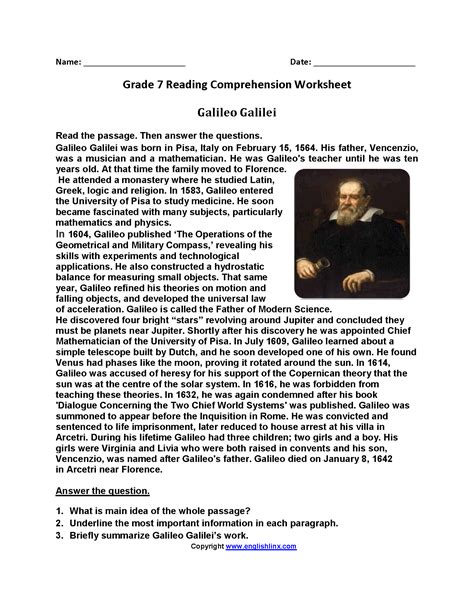 7th Grade Reading Comprehension Free Printable Worksheets