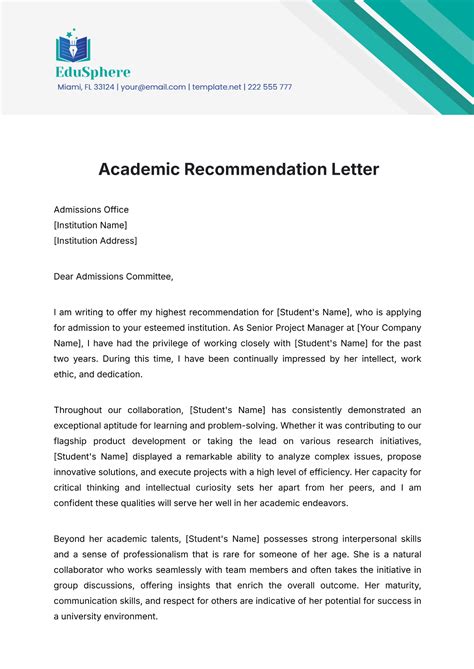 Academic Letter Of Recommendation Template