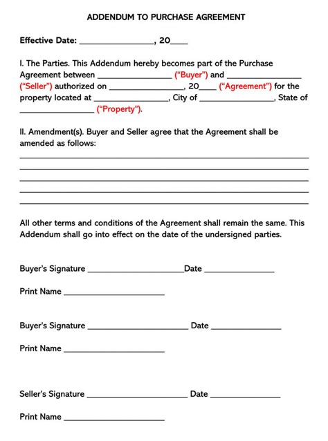 Addendum To Purchase Agreement Template