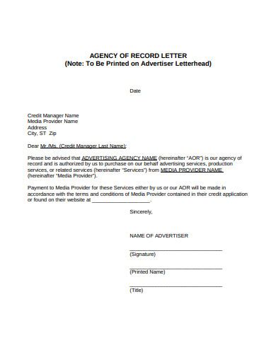 Advertising Agency Of Record Letter Template