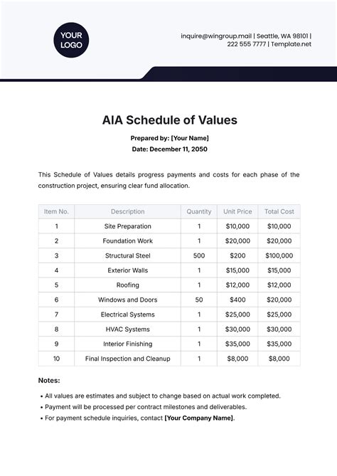 Aia Schedule Of Values Template