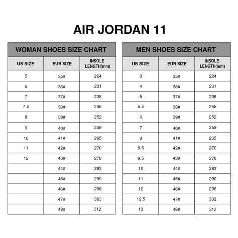 Air Jordan 11 Size Chart