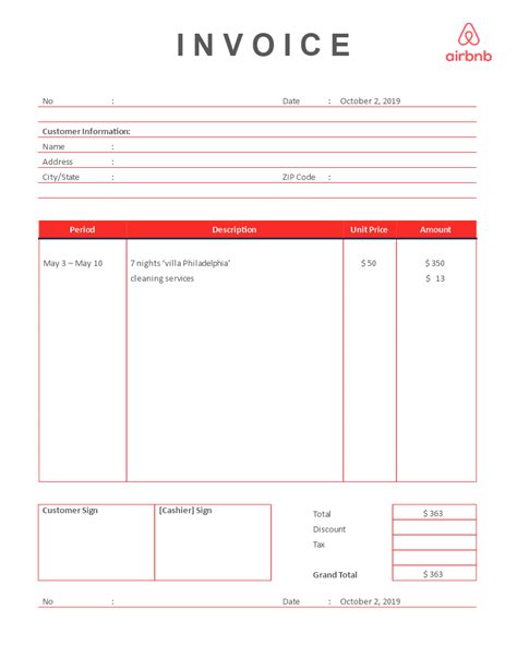 Airbnb Invoice Template