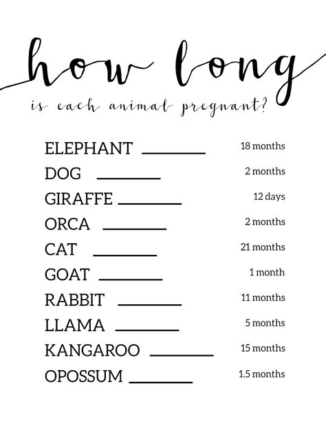 Animal Gestation Baby Shower Game Free Printable
