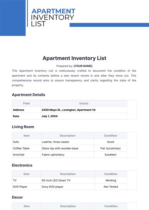 Apartment Inventory List Template