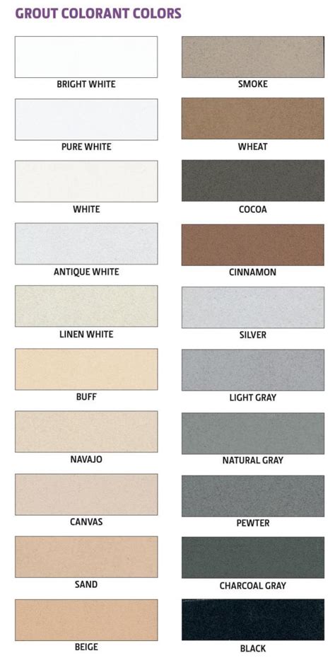 Aqua Mix Grout Colorant Color Chart
