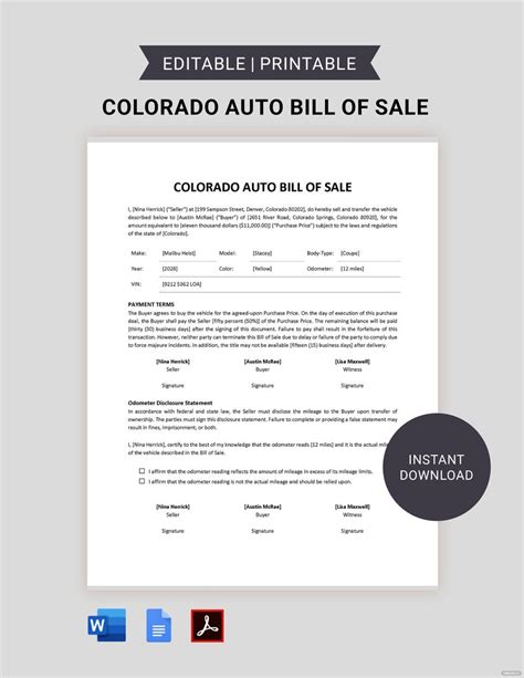 Auto Bill Of Sale Colorado Template