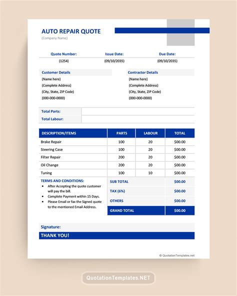 Auto Body Repair Quote Template