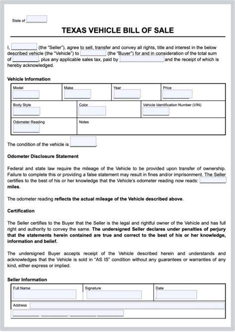Auto Free Printable Texas Bill Of Sale Form