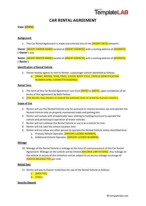 Auto Rental Agreement Template