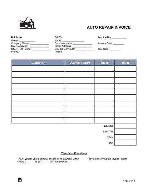 Auto Shop Invoice Template Free