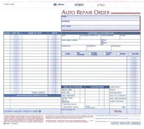 Auto Shop Work Order Template