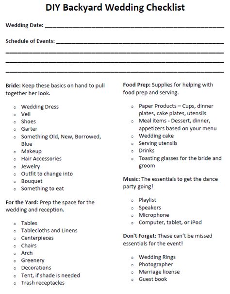 Backyard Wedding Checklist Printable