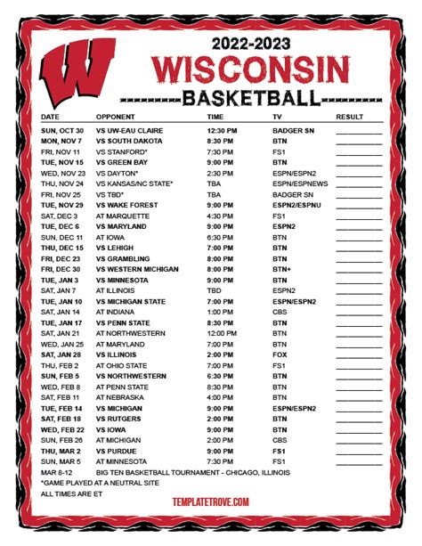Badger Basketball Printable Schedule