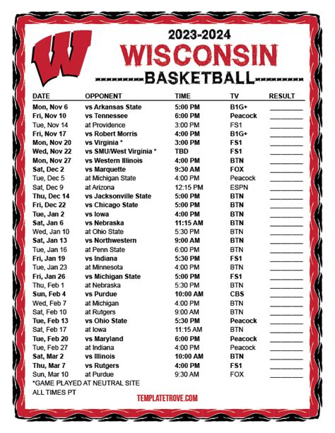 Badger Basketball Schedule Printable