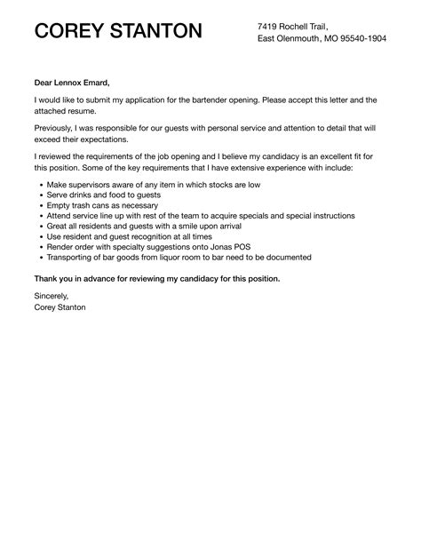 Bartender Cover Letter Template