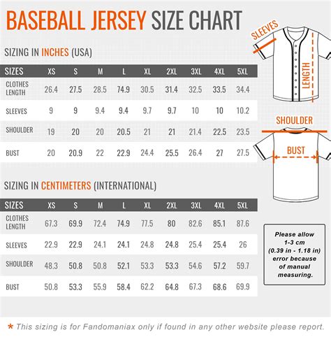Baseball Jerseys Size Chart