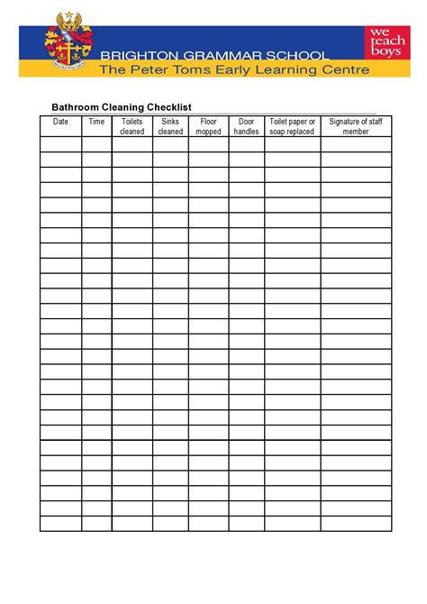 Bathroom Cleaning Checklist Template