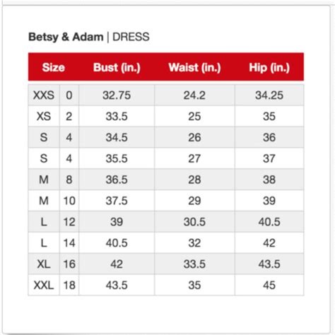 Betsy & Adam Size Chart