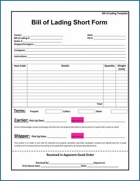 Bill Of Lading Short Form Template