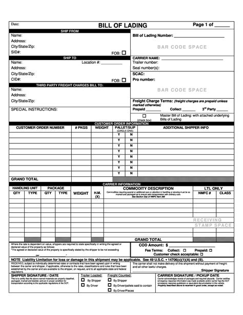 Bill Of Lading Template Fillable