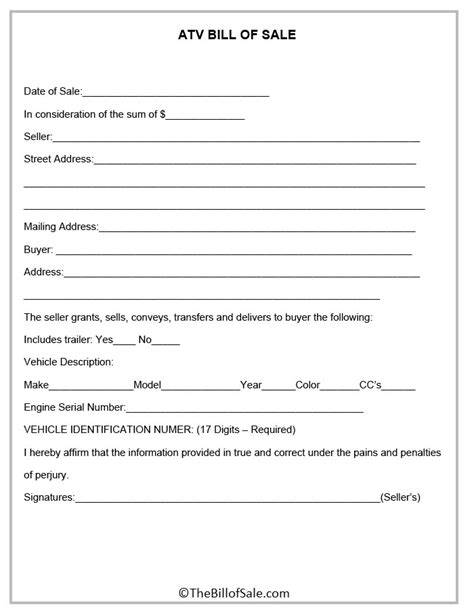 Bill Of Sale Atv Template