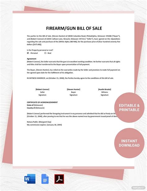 Bill Of Sale For Gun Template