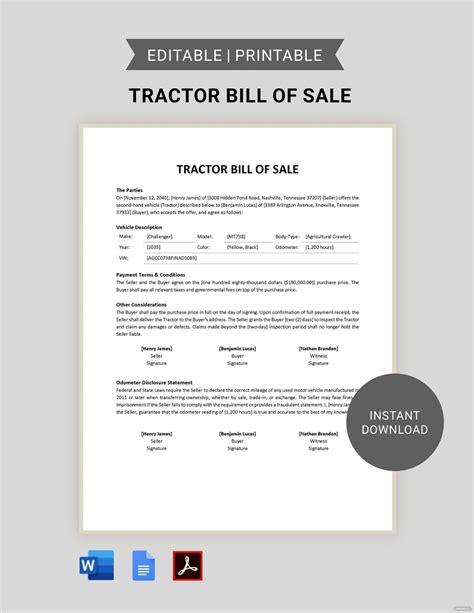 Bill Of Sale Template For Tractor