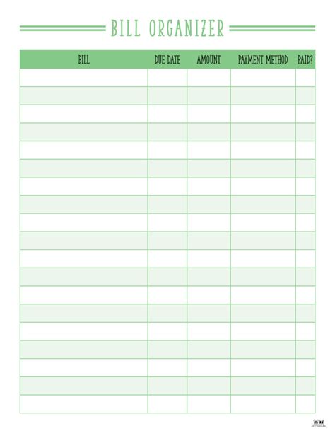 Bill Organizer Template Free
