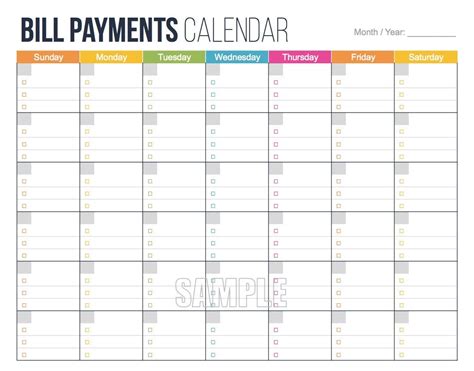 Bill Pay Calendar Printable
