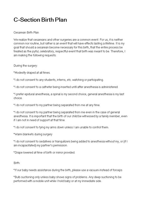 Birth Plan For C Section Template