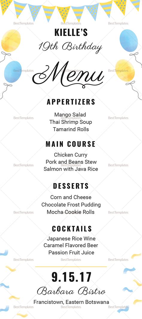 Birthday Menu Template