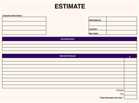 Blank Free Printable Estimate Forms