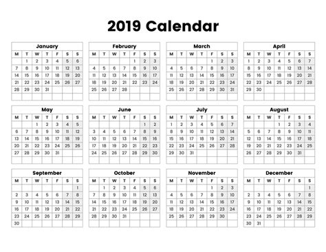 Blank Printable Calendar 2019 Week Starting Monday