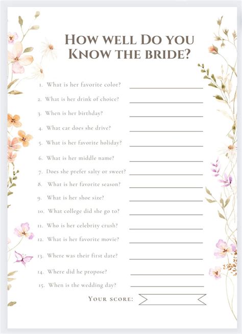 Blank Printable How Well Do You Know The Bride