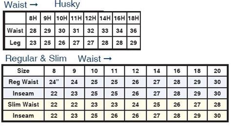 Boys Husky Size Chart