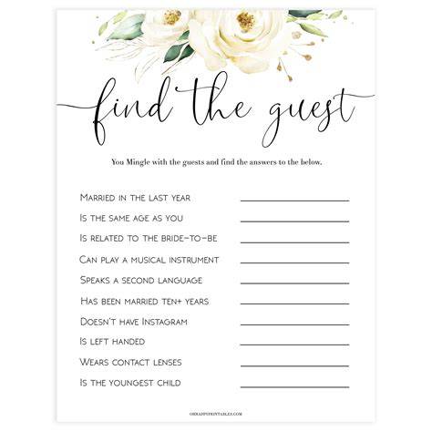 Bridal Shower Games Printable Find The Guest