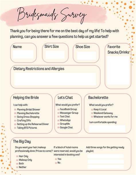 Bridesmaid Questionnaire Template