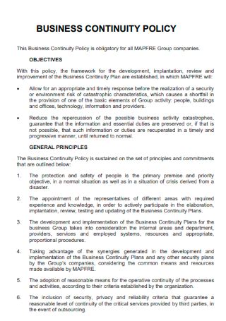 Business Continuity Policy Template