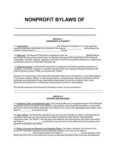Bylaws Template For Nonprofit Organization
