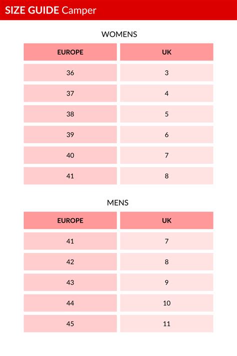 Camper Shoes Size Chart
