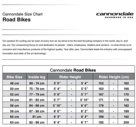 Cannondale Quick Size Chart