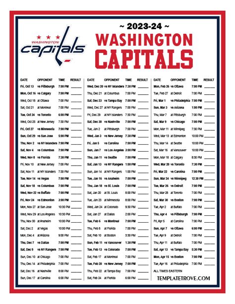 Capitals Printable Schedule