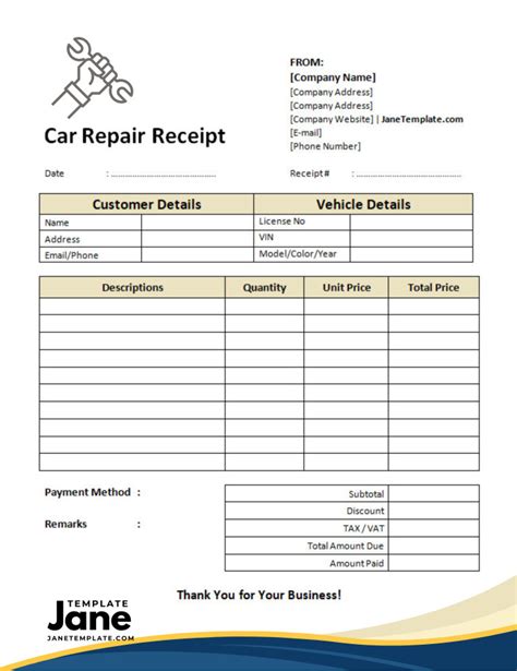 Car Repair Receipt Template