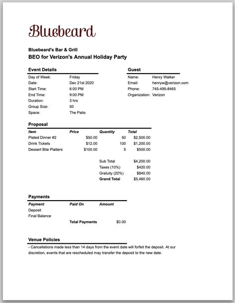 Catering Beo Template