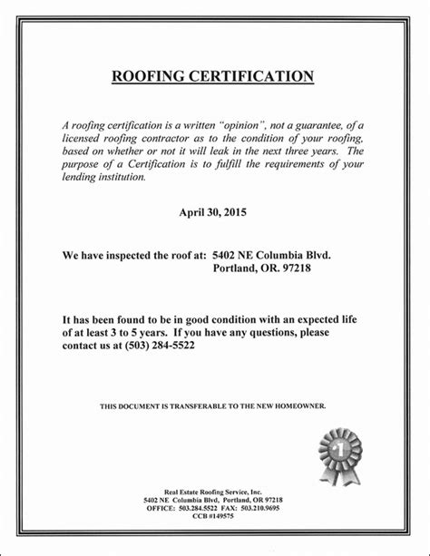 Certificate Of Completion Template Roofing