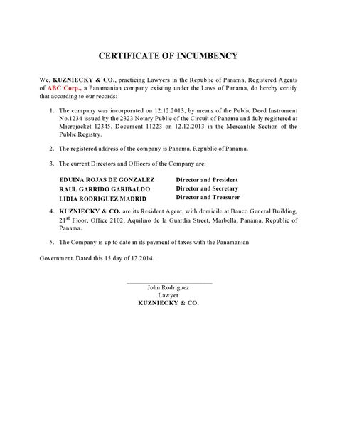 Certificate Of Incumbency Template